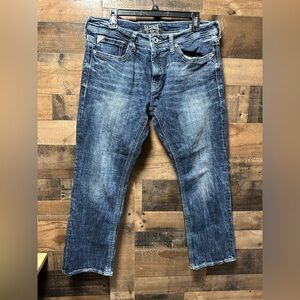 Buckle Salvage Supply Co Mayhem Straight Jeans Men’s 33x29 Blue Distressed Denim